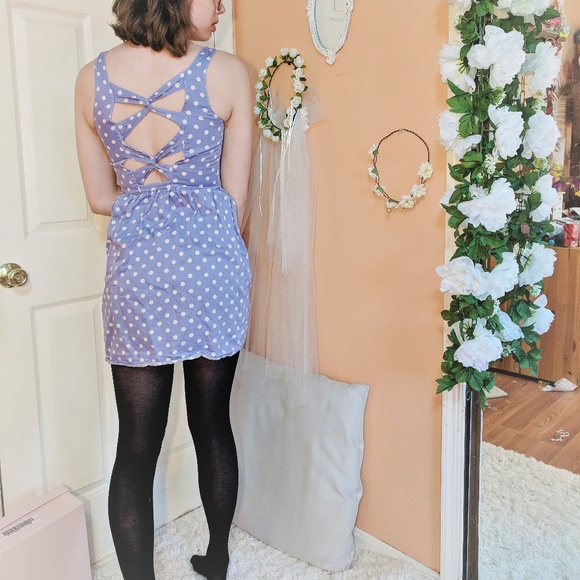 Blue polka dot dress with a open statement back - Picture 2 of 3